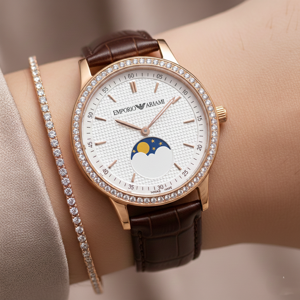 Close up of Armani AR11568 showing the colorful moon and stars indicator on white dial