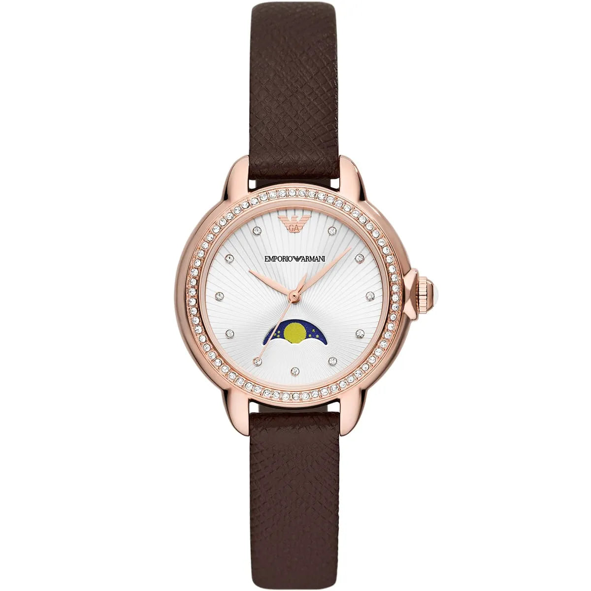 Emporio Armani Mia AR11568 women's watch rose gold moonphase with crystal bezel and brown leather