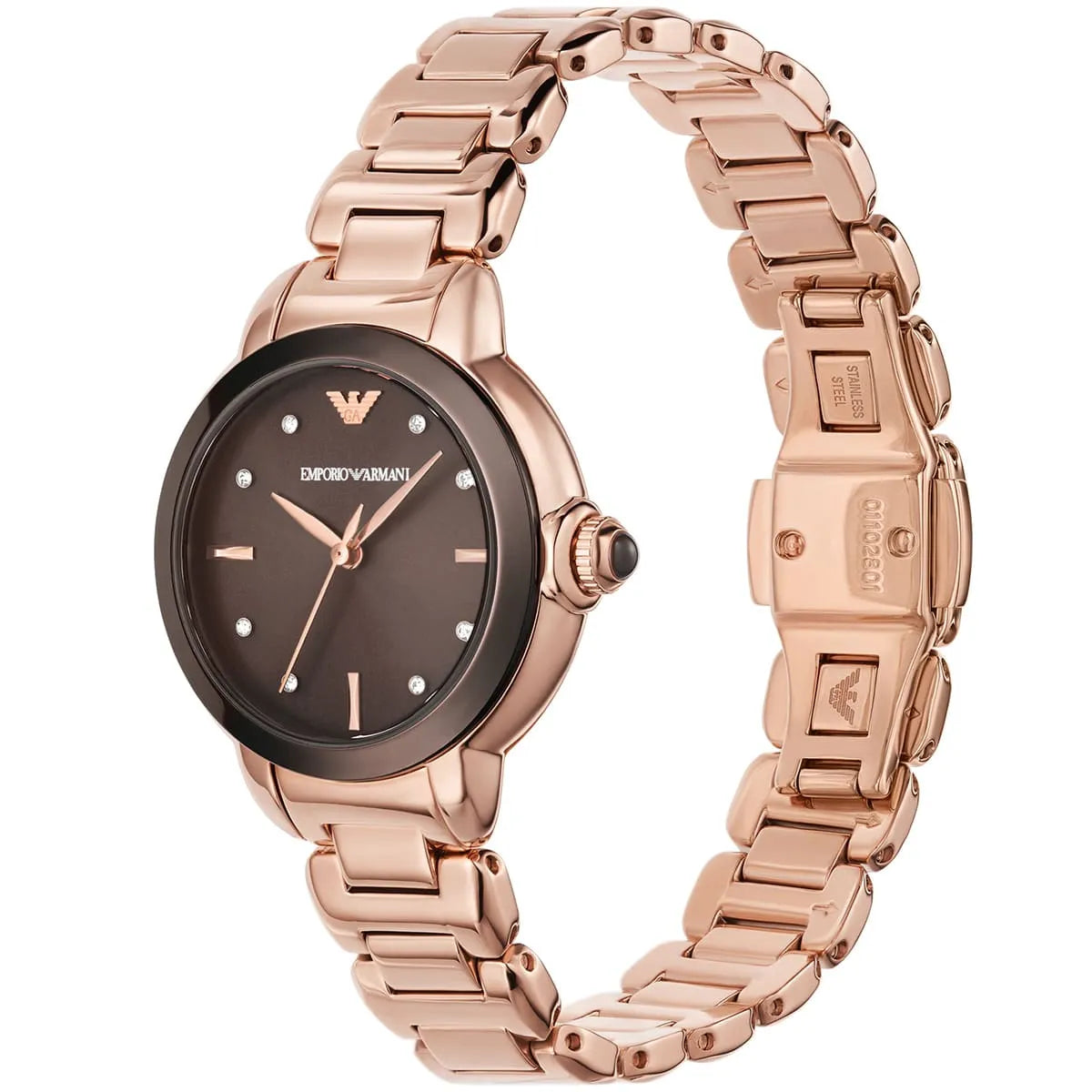 Angled front view of Emporio Armani AR11570 showing rose gold bezel and brown dial