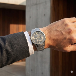 Stylish man wearing Emporio Armani AR11047 grey and gold watch with charcoal blazer