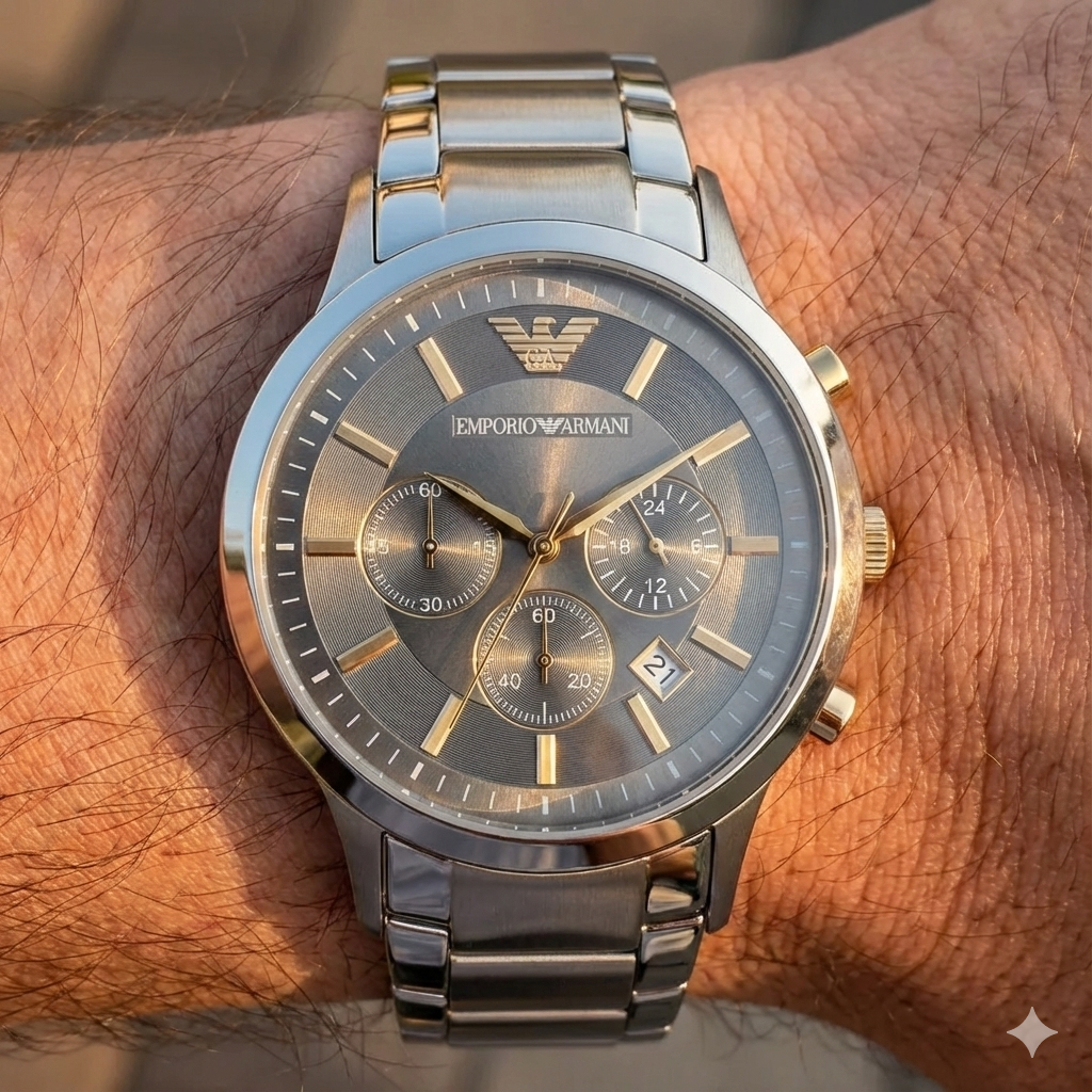 Close up of Armani AR11047 showing grey sunray dial with gold hands and indices