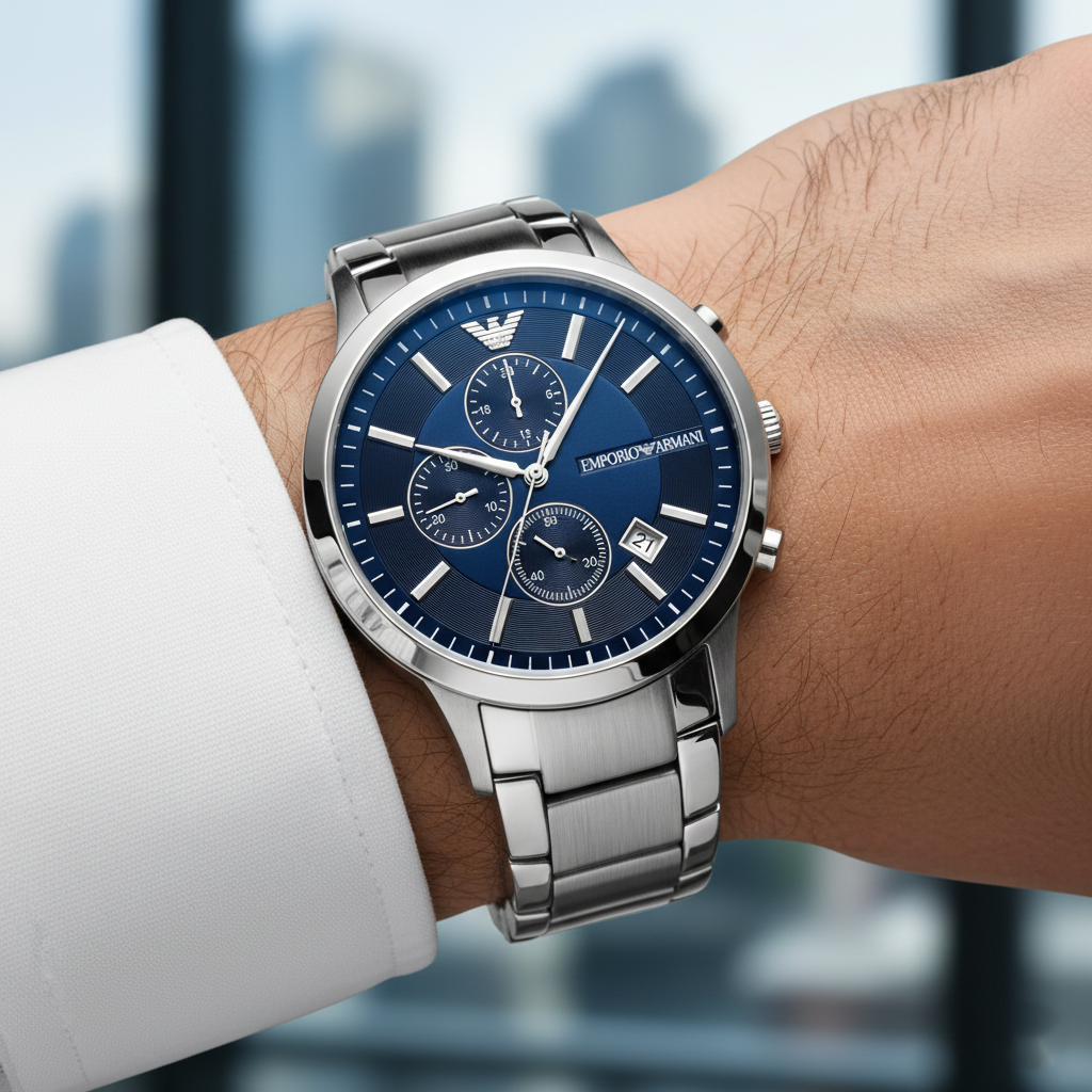 Extreme wrist macro of Armani AR11164 showing navy blue sunray dial and silver indices