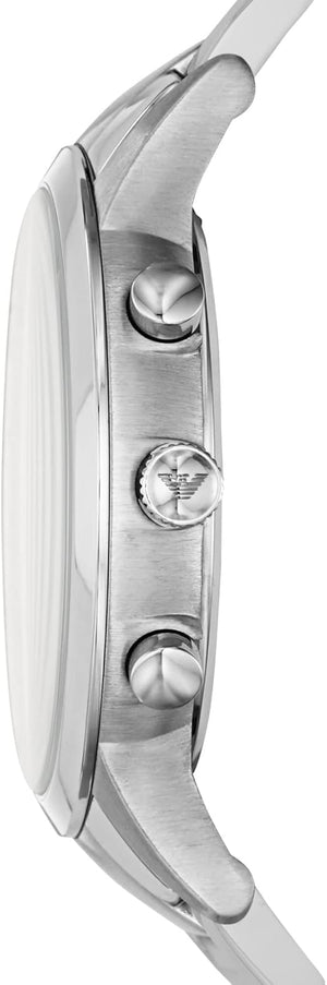 Side view of Emporio Armani AR11164 showing polished silver case and chronograph pushers