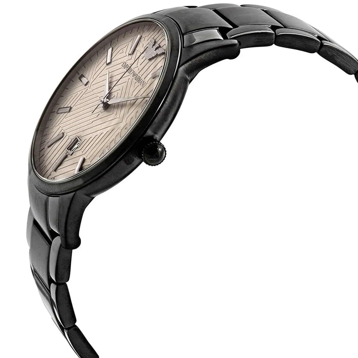 Close-up of Emporio Armani AR11183 date window at 6 o'clock and black hands
