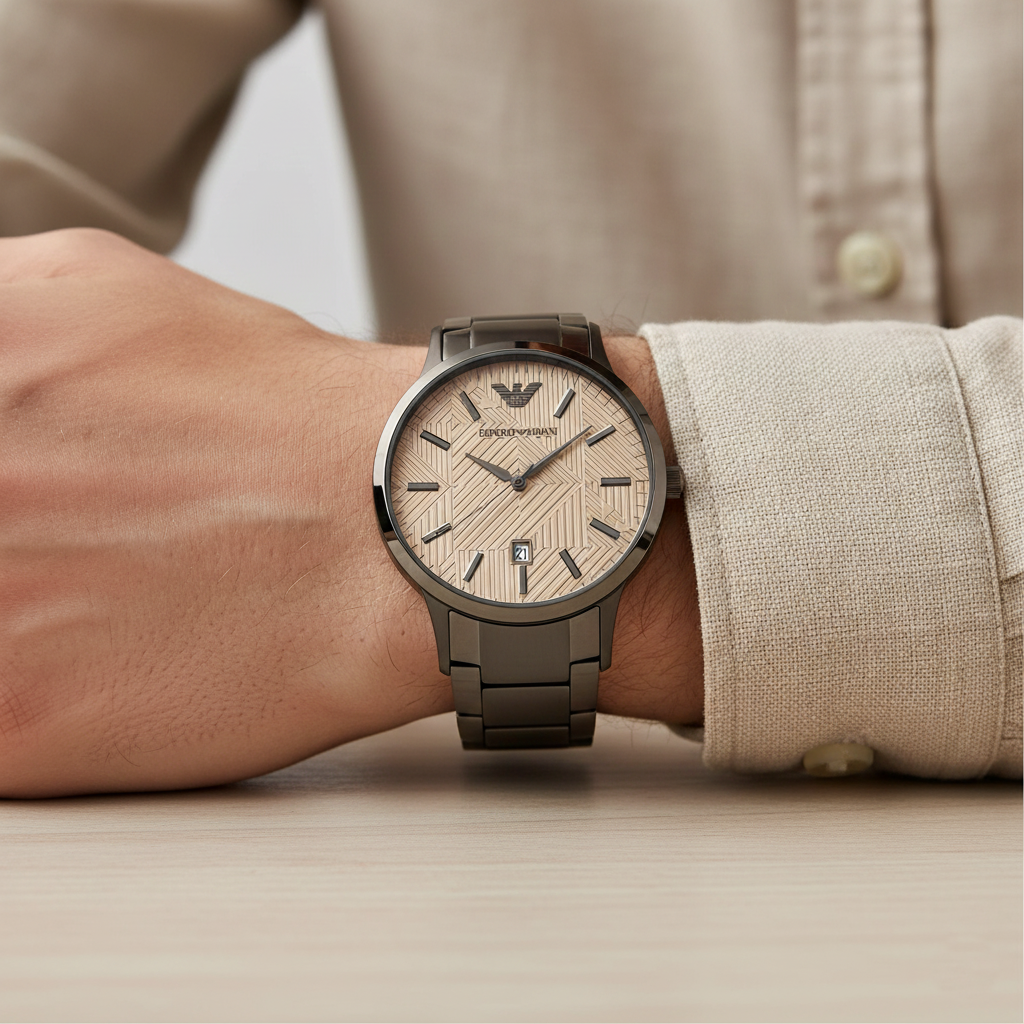 Stylish man wearing Emporio Armani AR11183 gunmetal and beige watch with linen shirt