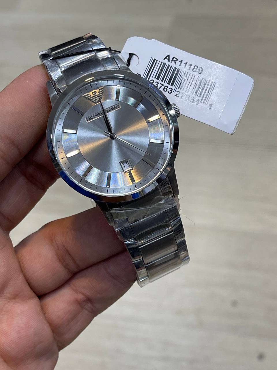 Emporio Armani Renato AR11189 on wrist showing monochromatic silver elegance