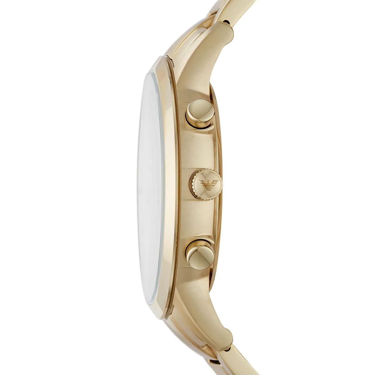 Side view of Emporio Armani AR11332 gold case crown and chronograph pushers