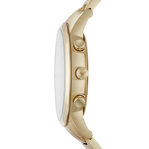Side view of Emporio Armani AR11332 gold case crown and chronograph pushers