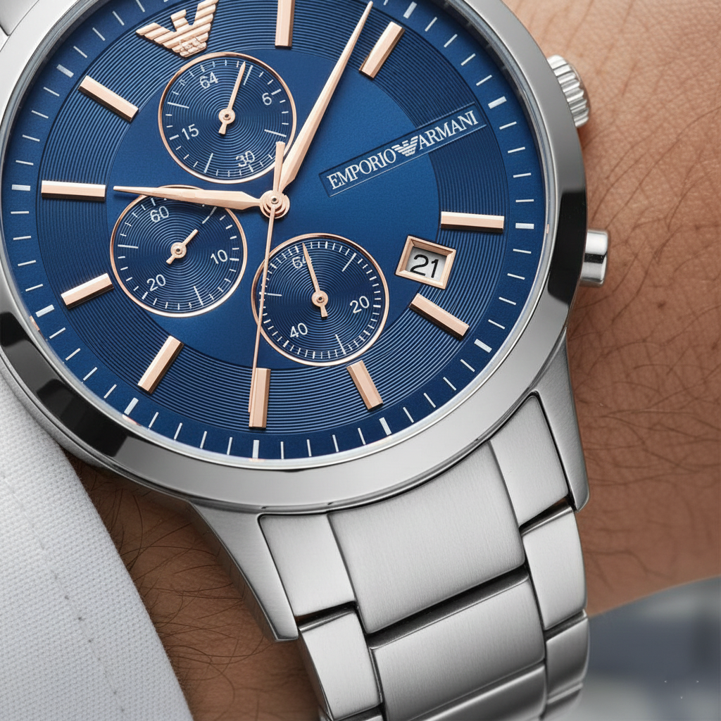 Close up of Armani AR11458 showing blue CD-cut textured dial and rose gold hands