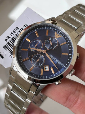 Emporio Armani Renato AR11458 on wrist showing elegant blue, silver, and rose gold mix