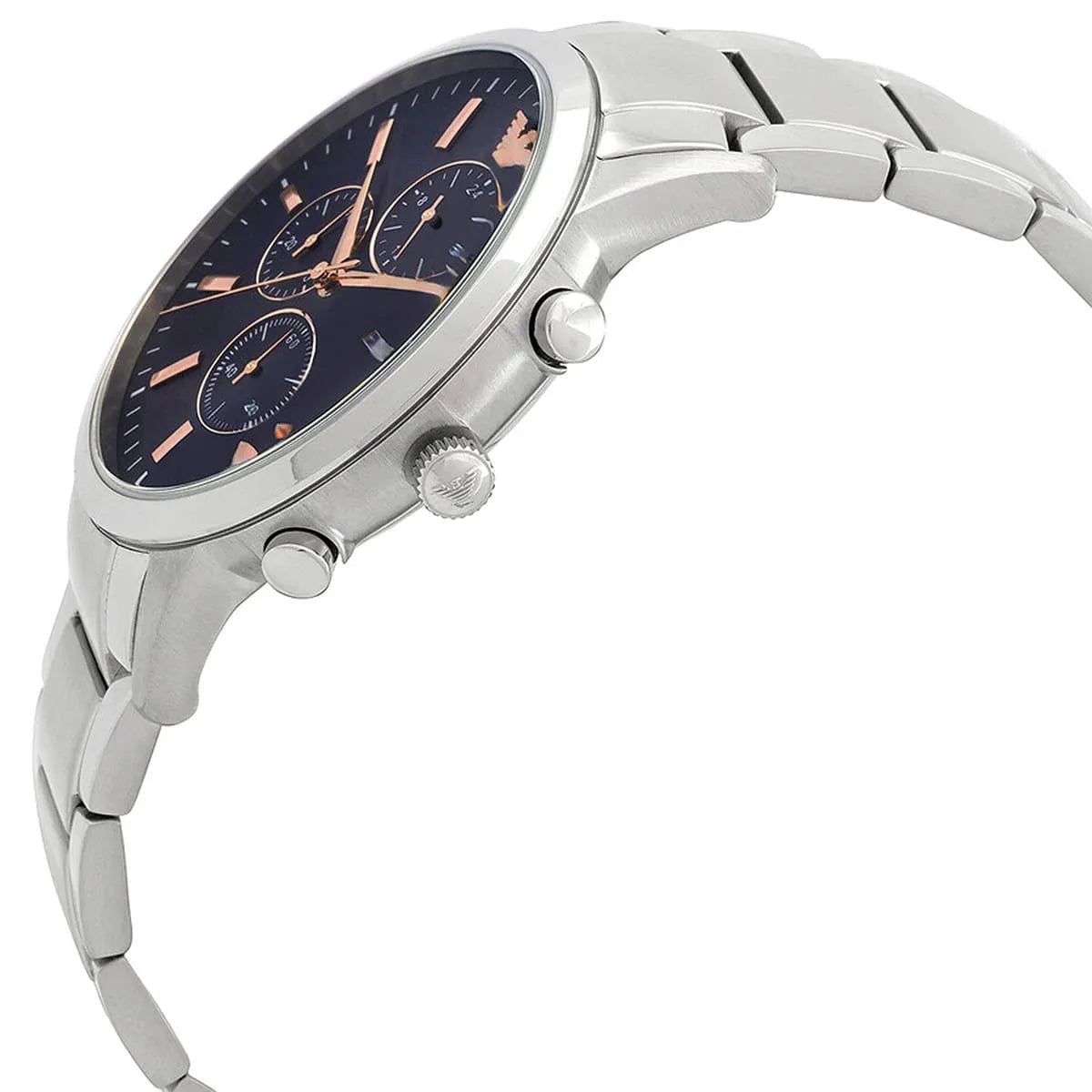 Side view of Emporio Armani AR11458 polished silver case and chronograph pushers