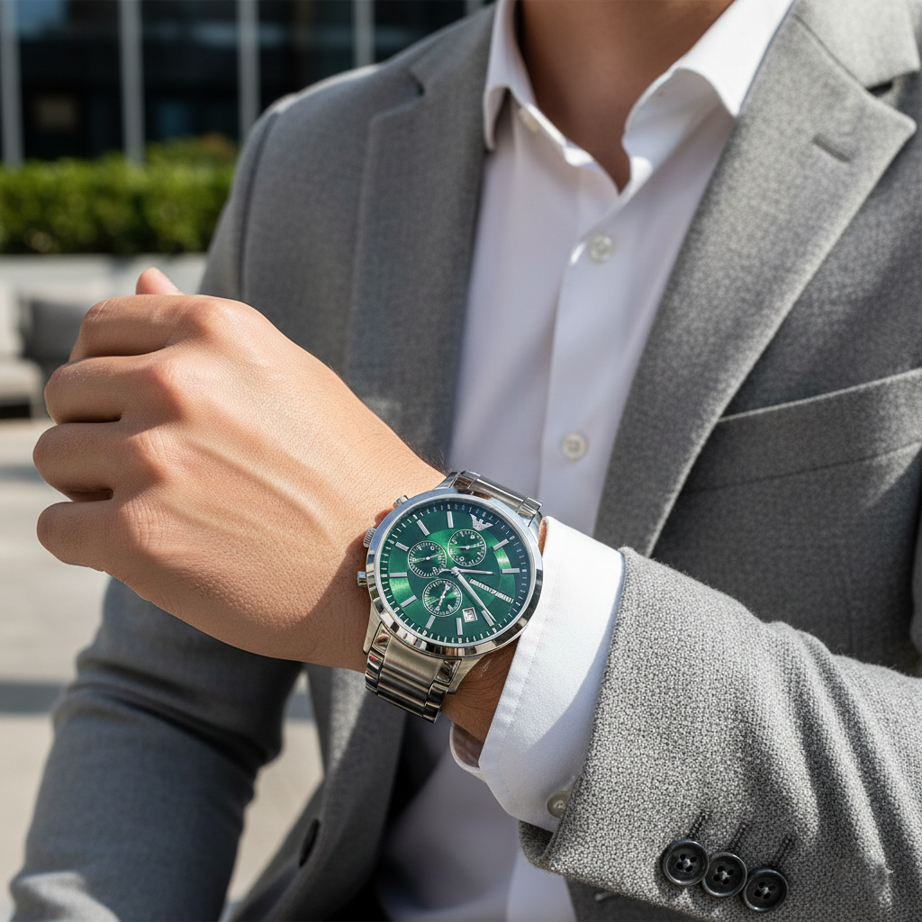 Modern man wearing Emporio Armani AR11507 green dial watch with grey blazer