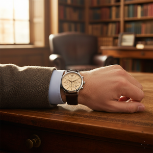 Gentleman wearing Emporio Armani AR2433 cream watch with brown blazer