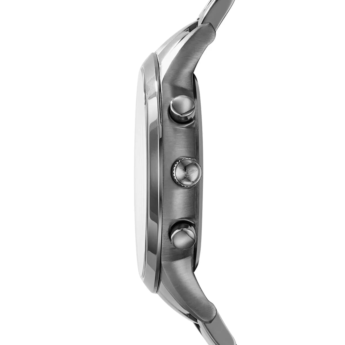 Side view of Emporio Armani AR2453 black IP case crown and pushers