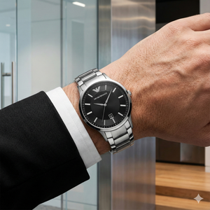 Business executive wearing Emporio Armani AR2457 black dial watch with black suit