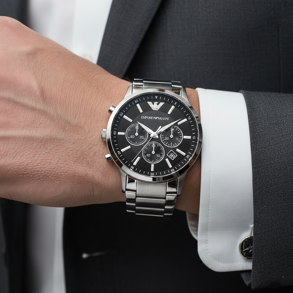 Extreme wrist macro of Armani AR2460 showing 46mm silver case and black dial details