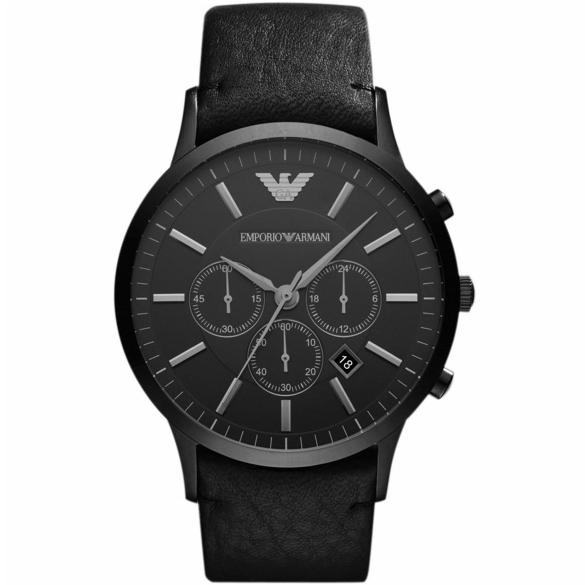Emporio Armani AR2461 Renato Men's Watch All Black Dial Leather Strap