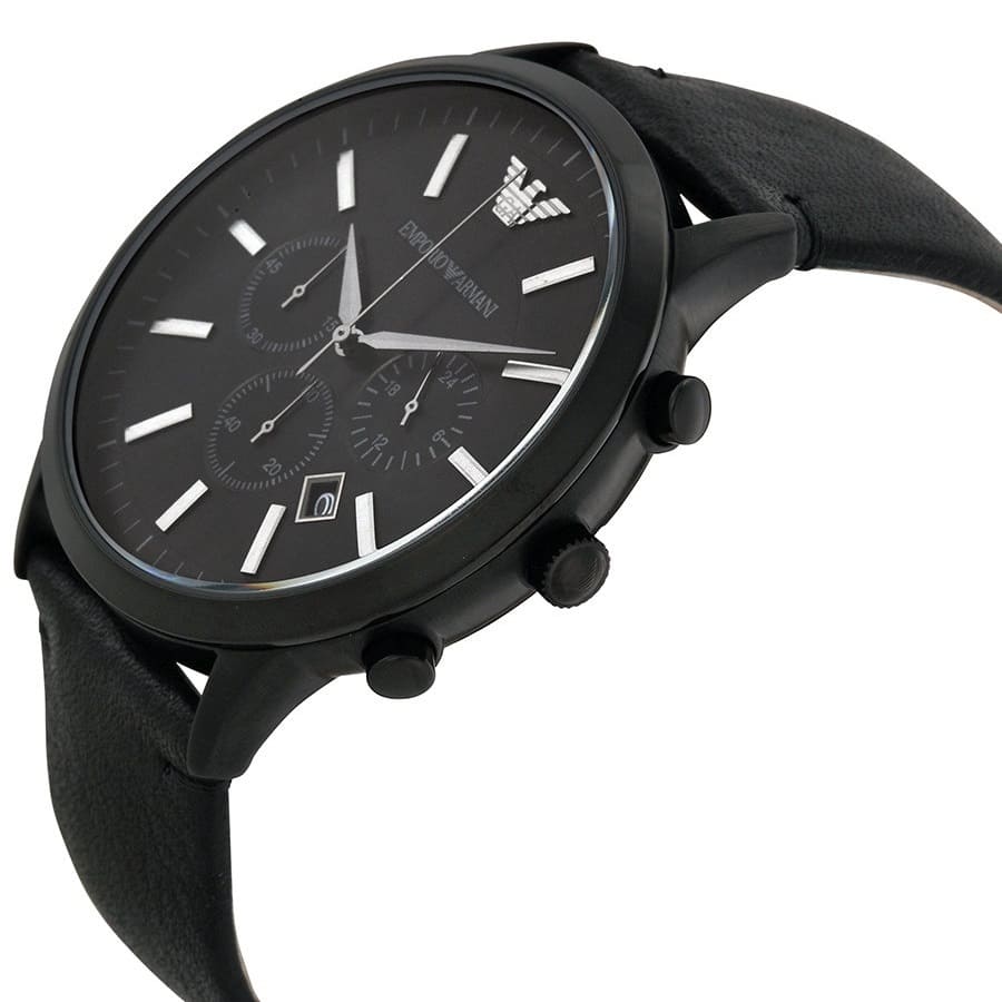 Angled front view of Emporio Armani AR2461 showing black dial depth and crystal