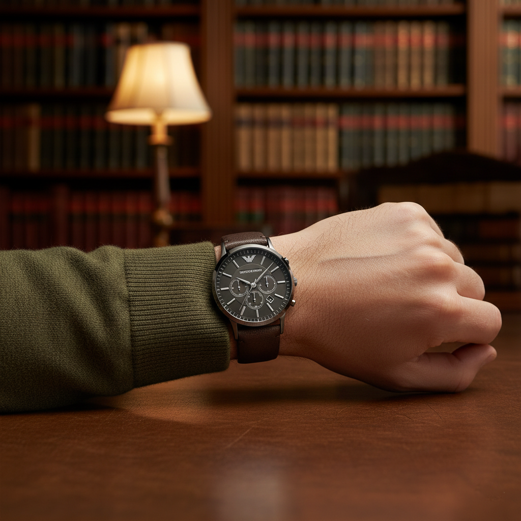 Emporio Armani Renato AR2462 men's watch gunmetal grey case with dark brown leather strap