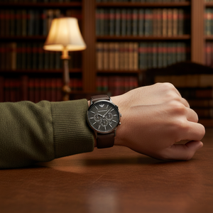 Emporio Armani Renato AR2462 men's watch gunmetal grey case with dark brown leather strap