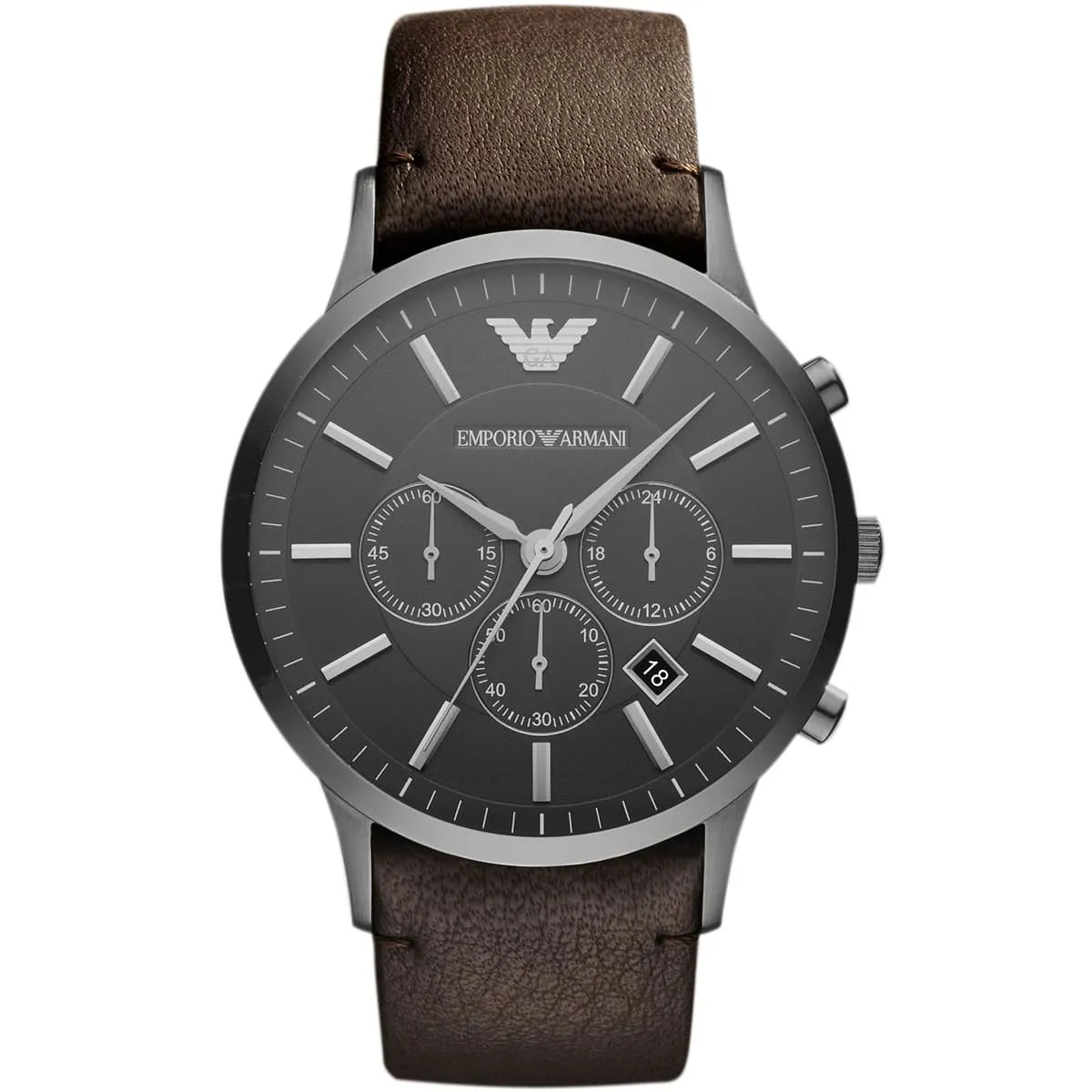 Emporio Armani Renato AR2462 men's watch gunmetal grey case with dark brown leather strap