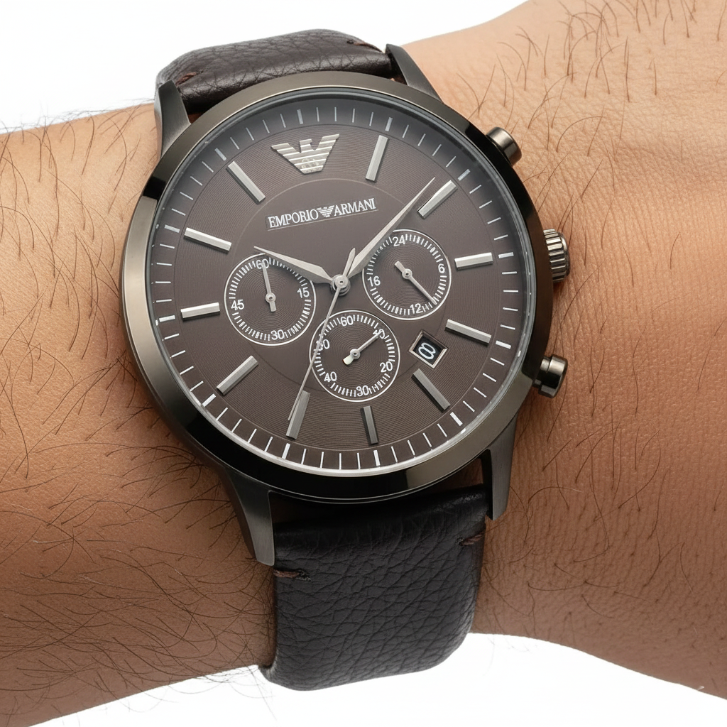 Close up of Armani AR2462 showing the rich grain of the dark brown genuine leather strap