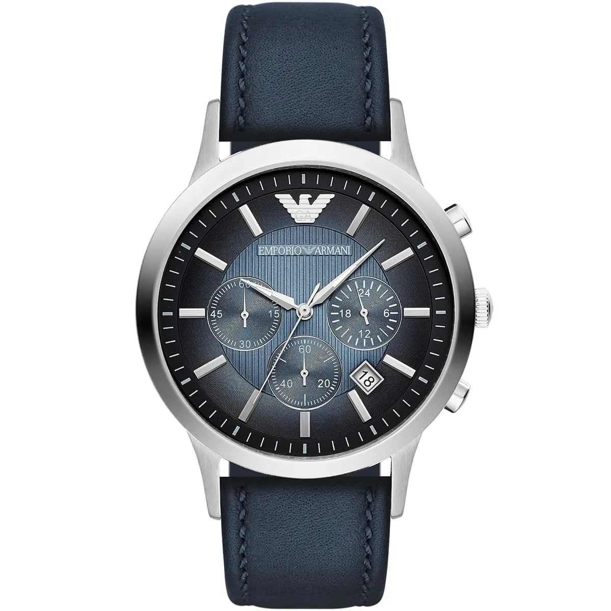 Emporio Armani Renato AR2473 men's watch silver steel with textured blue dial and leather strap
