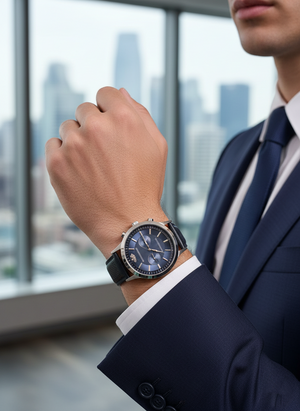 Stylish man wearing Emporio Armani AR2473 blue leather watch with navy suit