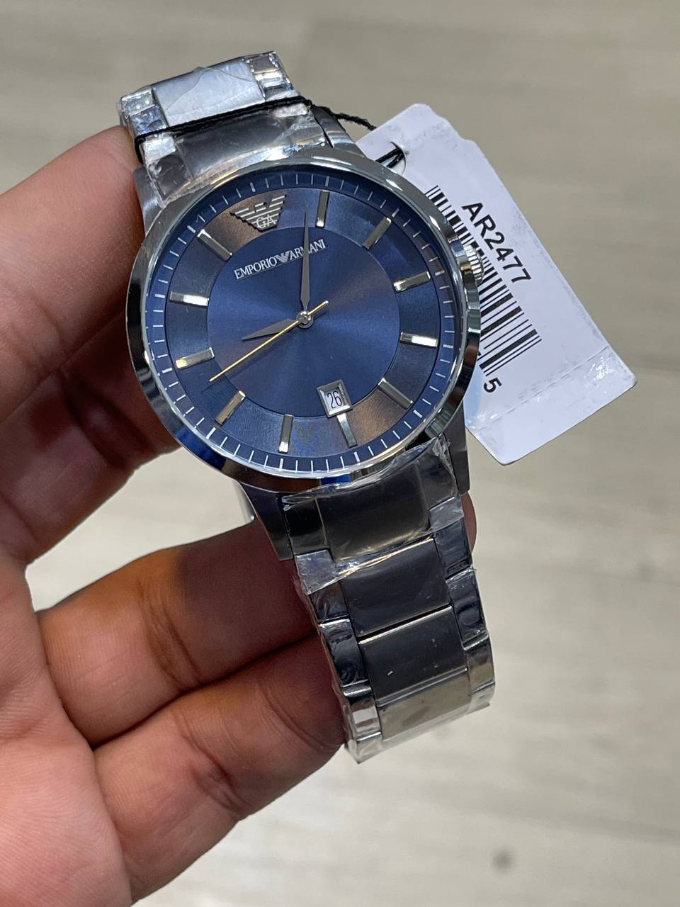 Emporio Armani Renato AR2477 on wrist showing elegant blue reflection