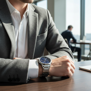 Sophisticated man wearing Emporio Armani AR2486 textured blue watch with grey blazer