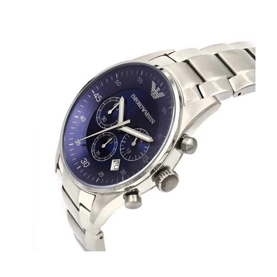 Angled front view of Emporio Armani AR5860 showing silver bezel and crystal reflections