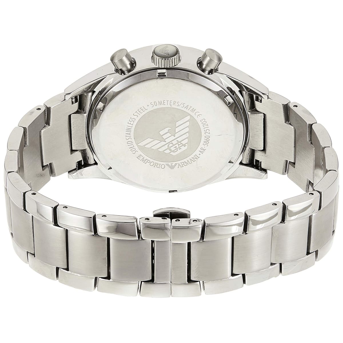 Back case of Emporio Armani AR5860 with engraved eagle logo and serial number
