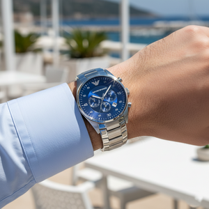 Stylish man wearing Emporio Armani AR5860 royal blue watch with light blue shirt