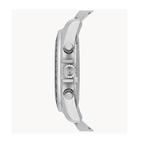 Side view of Emporio Armani AR5860 showing curved silver case and chronograph pushers