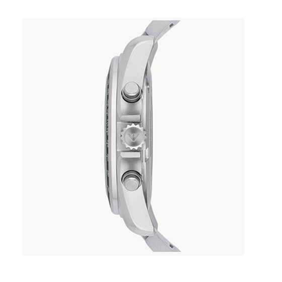 Side view of Emporio Armani AR5860 showing curved silver case and chronograph pushers