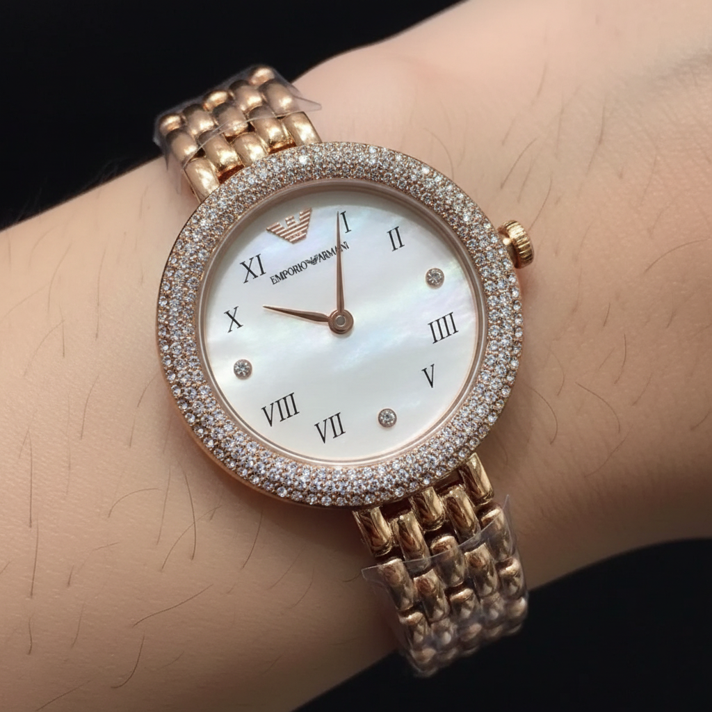Extreme close-up of Armani AR11355 showing heavy pavé crystal encrusted bezel