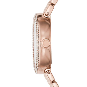 Side view of Emporio Armani AR11355 showing slim rose gold case and crystal setting