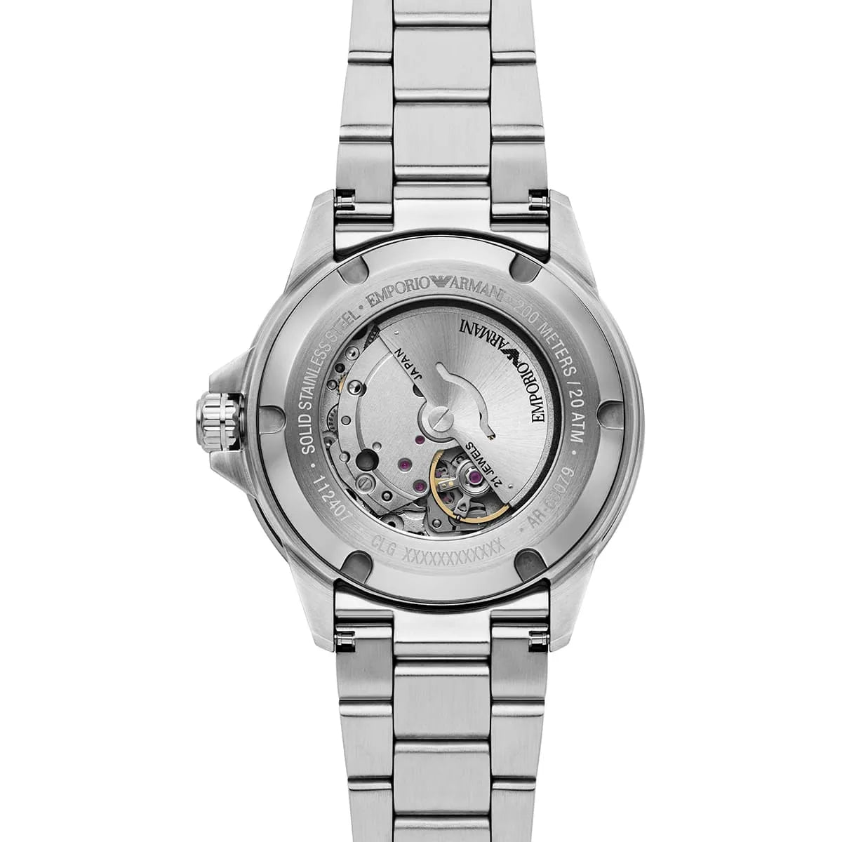 Exhibition case back of Armani AR60079 showing the mechanical automatic movement engine