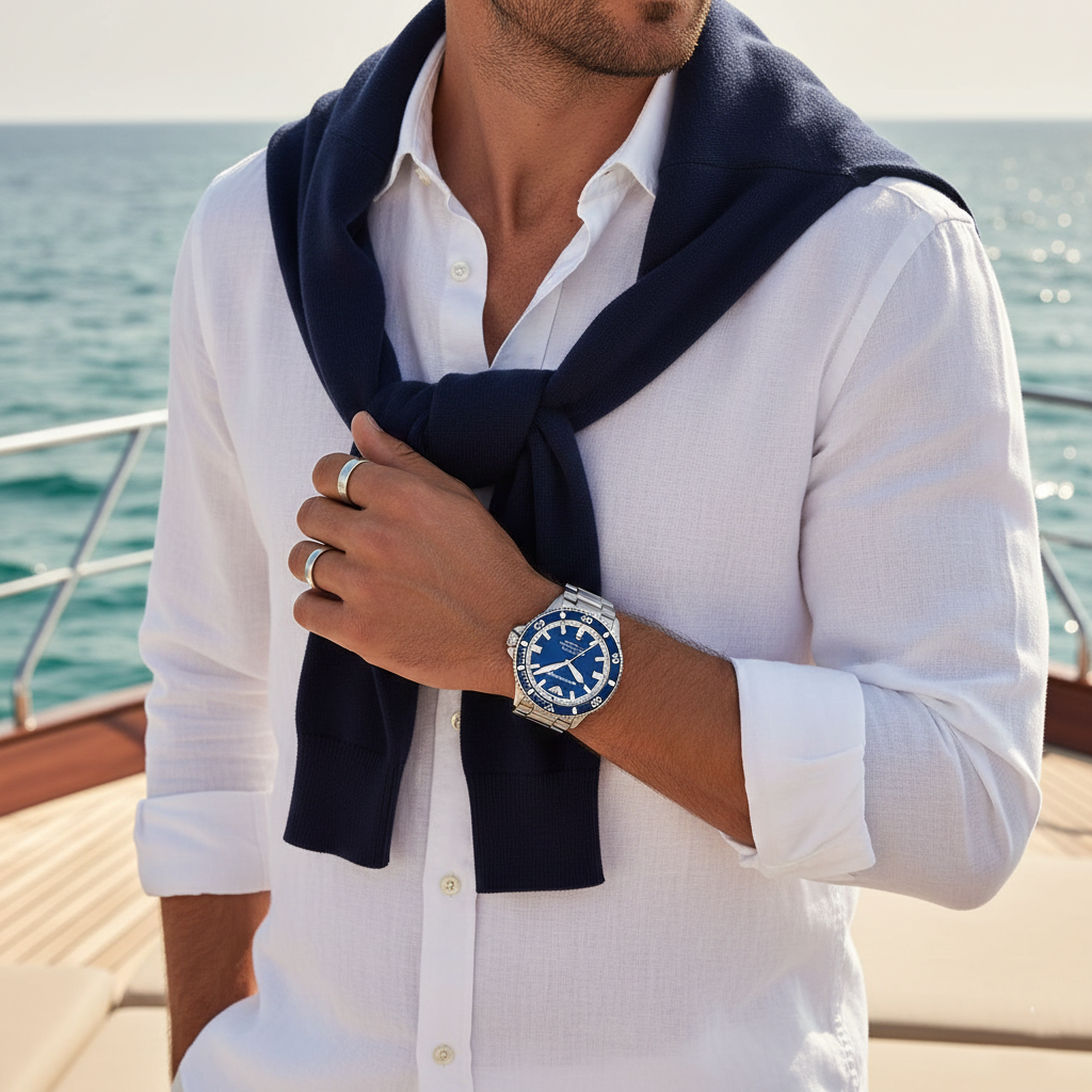 Close up of the blue unidirectional rotating timing bezel on the Armani AR60079 watch