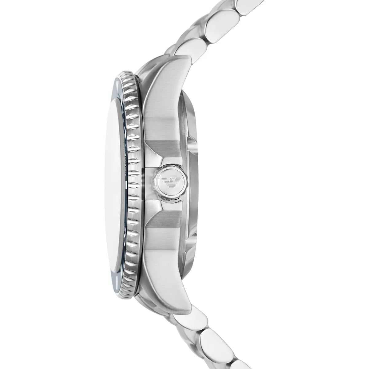 Side view of Emporio Armani AR60079 silver case showing the screw-down crown for 200m water resistance