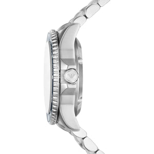 Side view of Emporio Armani AR60079 silver case showing the screw-down crown for 200m water resistance