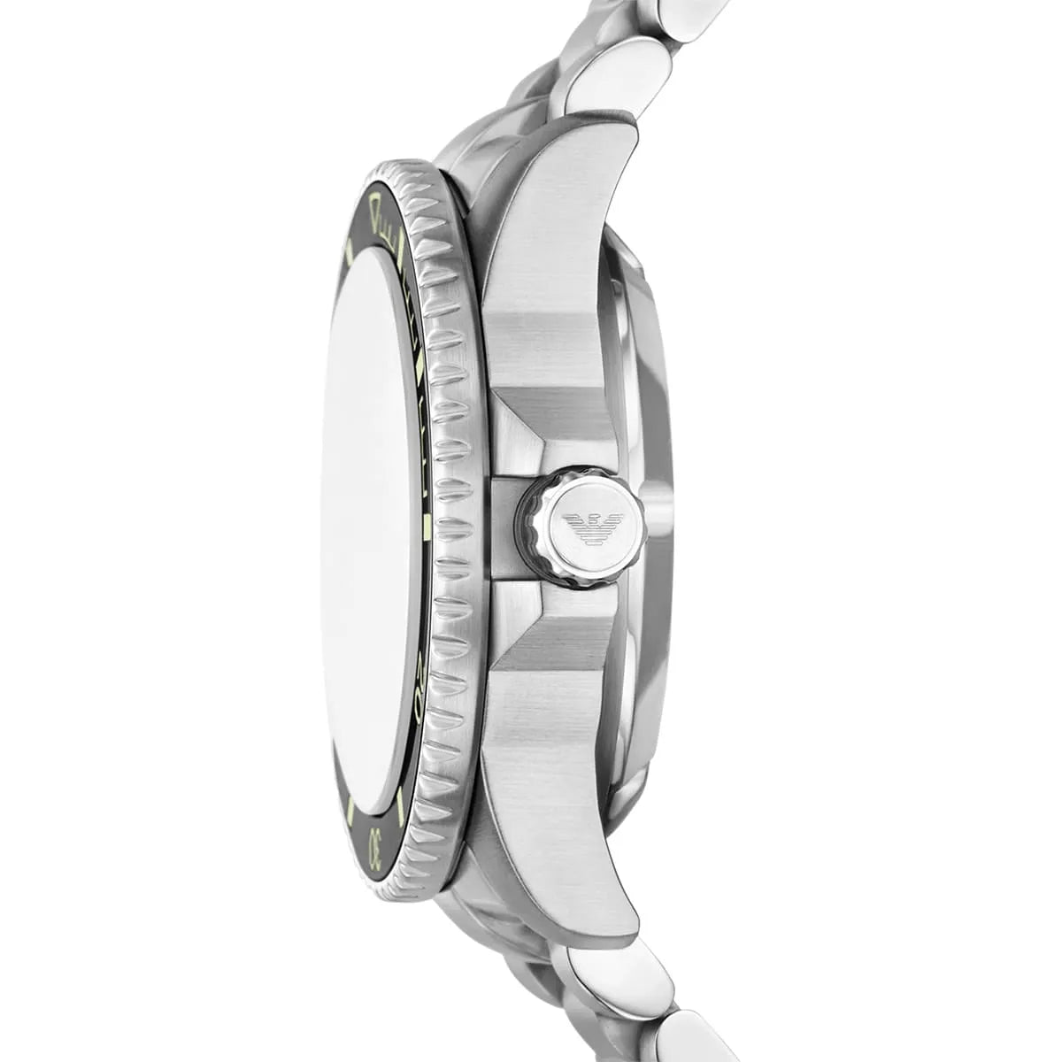 Side view of Emporio Armani AR60083 silver case showing the professional screw-down crown