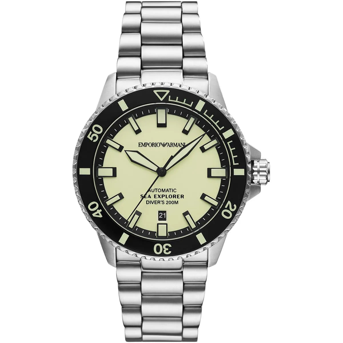 Emporio Armani Sea Explorer AR60083 automatic men's diver watch with vibrant yellow dial and silver bracelet