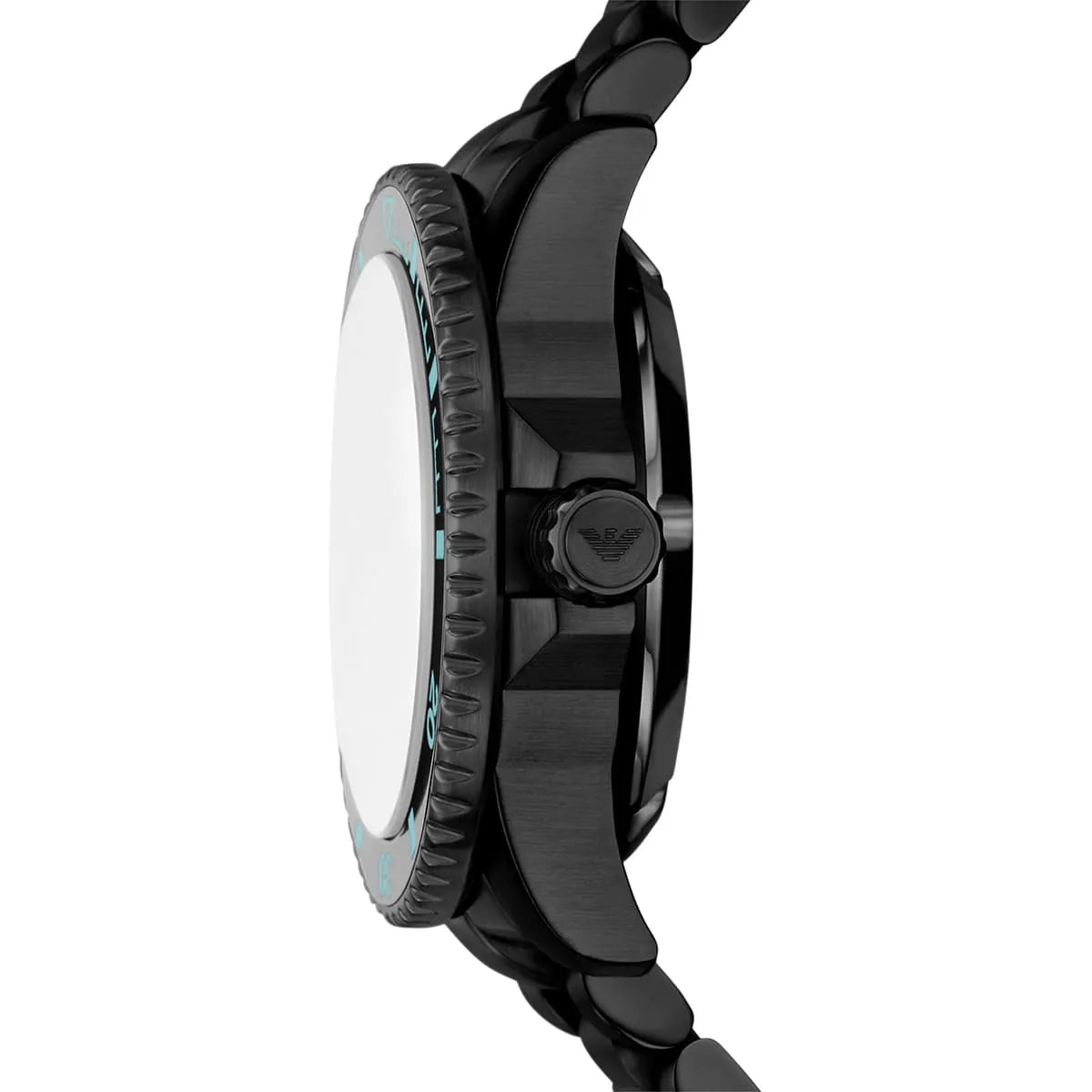 Side view of the black ion-plated case and screw-down crown on the Armani Sea Explorer AR60084