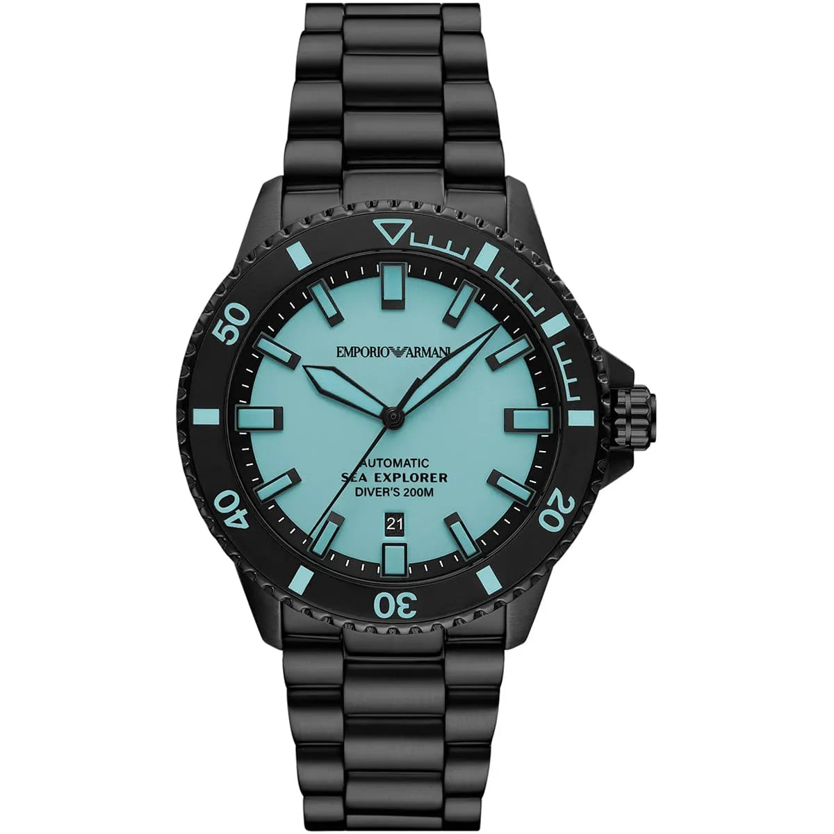 Emporio Armani Sea Explorer AR60084 automatic men's watch with Tiffany blue dial and all-black bracelet