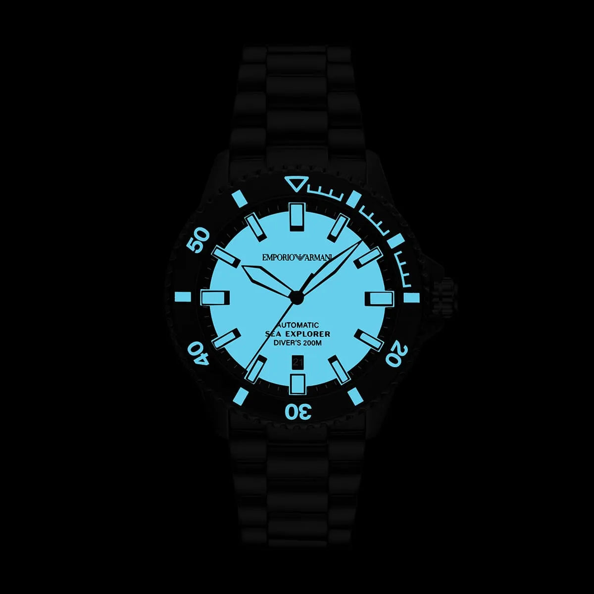 Emporio Armani AR60084 luminous hands and indices glowing in the dark for diving visibility
