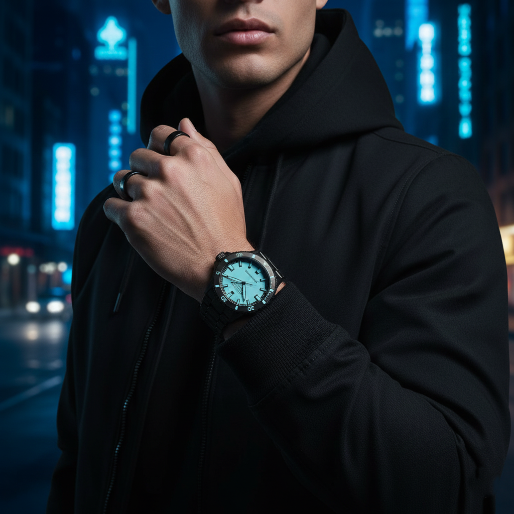 Macro shot of the Armani AR60084 Tiffany blue dial showing luminous indices and automatic movement text