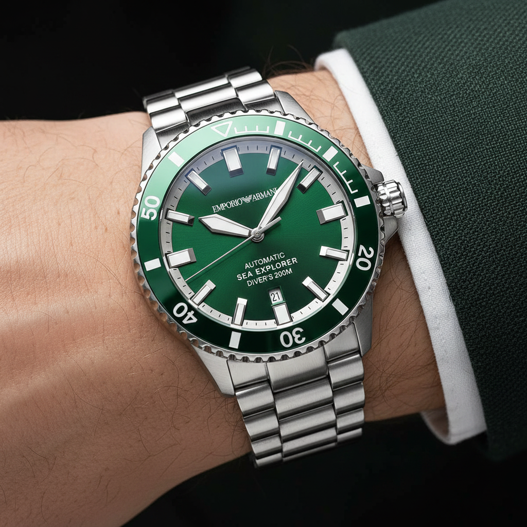 Macro shot of the Armani AR60088 green dial showing automatic movement text and date at 6