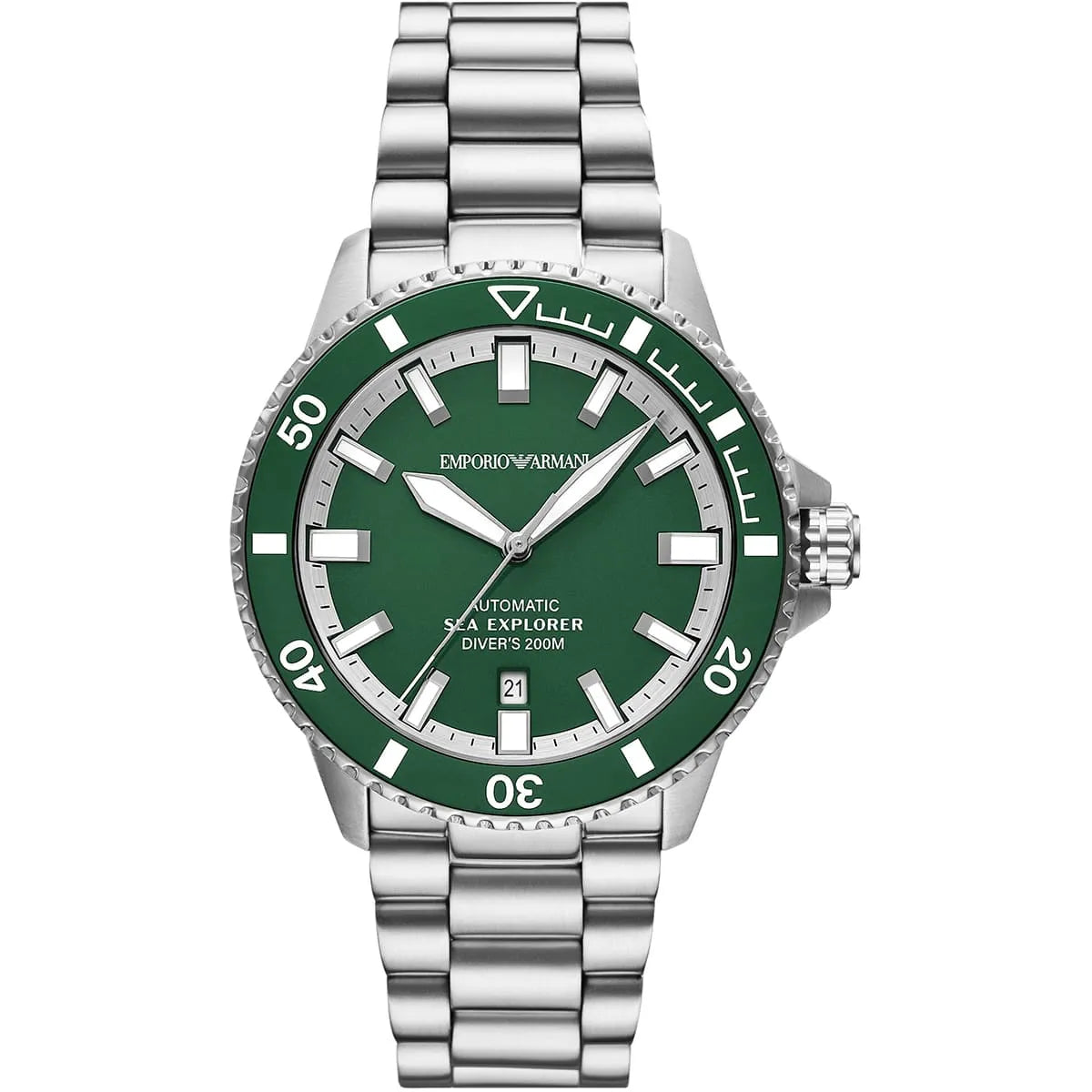 Emporio Armani Sea Explorer AR60088 automatic men's diver watch with green dial and silver bracelet