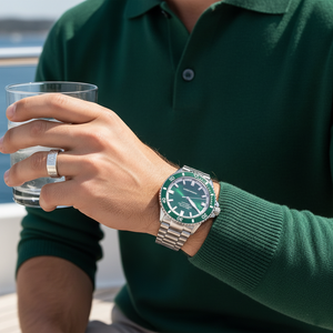 Close up of the green unidirectional rotating timing bezel on the Armani AR60088 watch